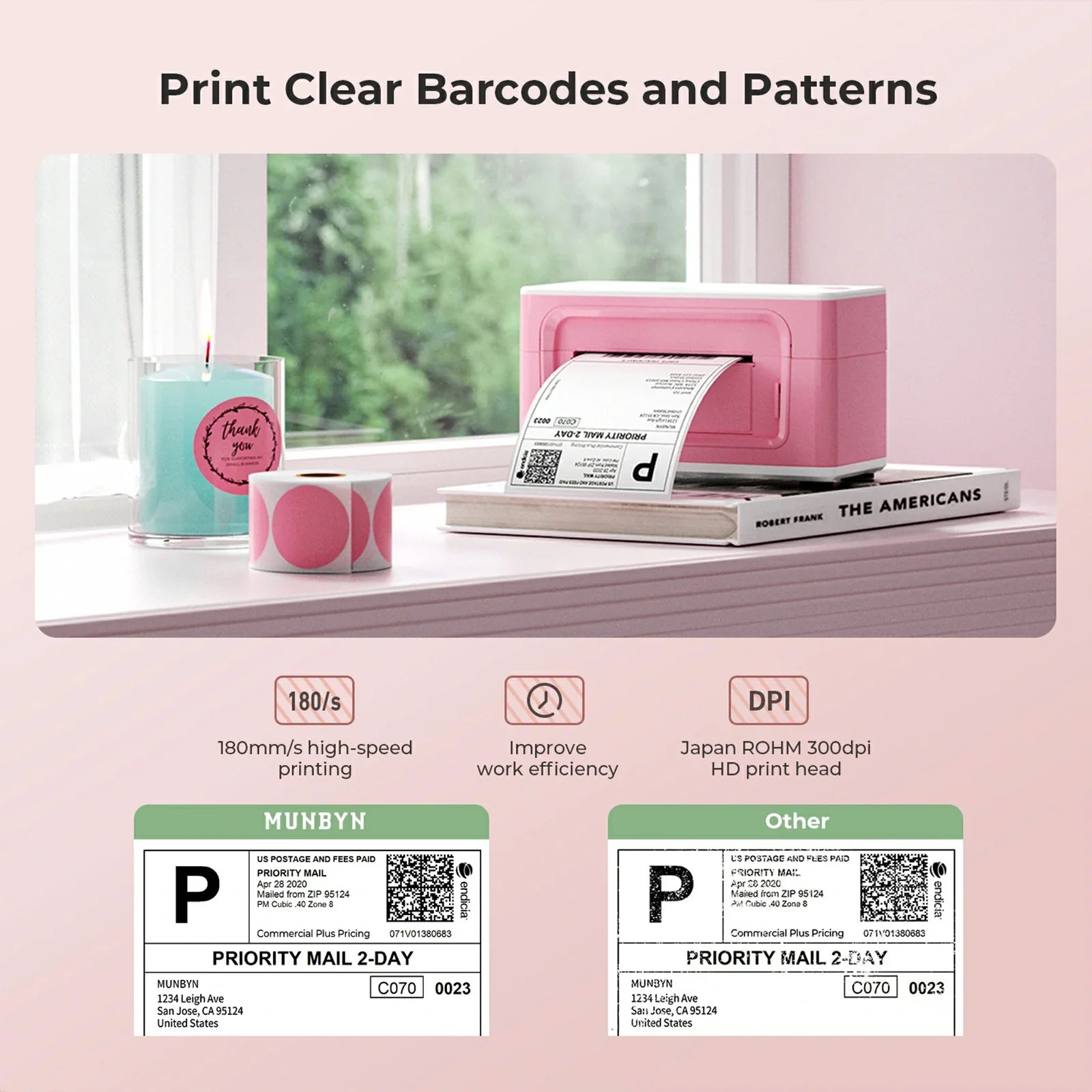 MUNBYN P941B Bluetooth thermal label printer is 203DPI and prints at the speed of 150mm/s.